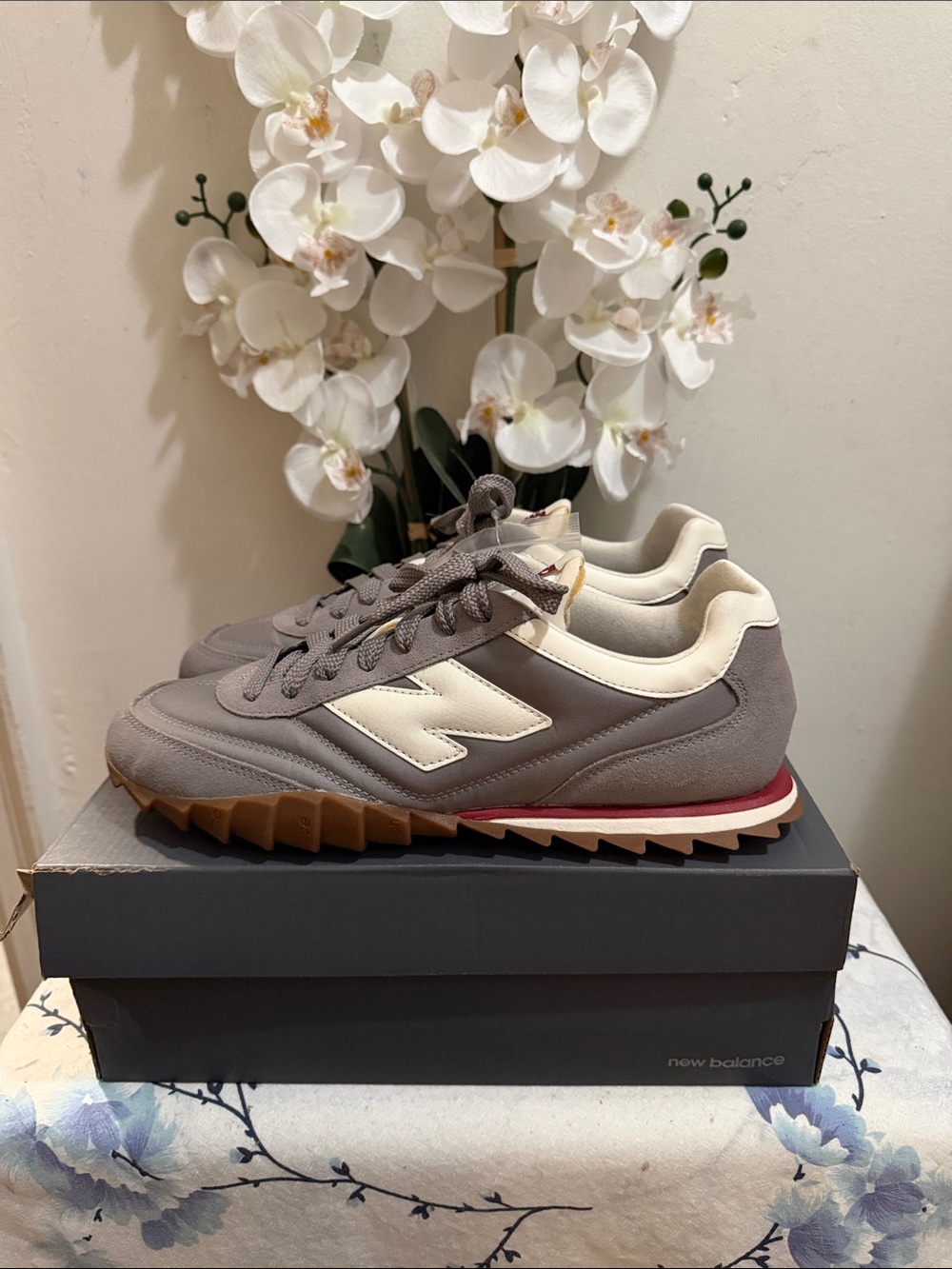 New Balance Men's Grey and Cream Suede Retro Runner with Gum Sole